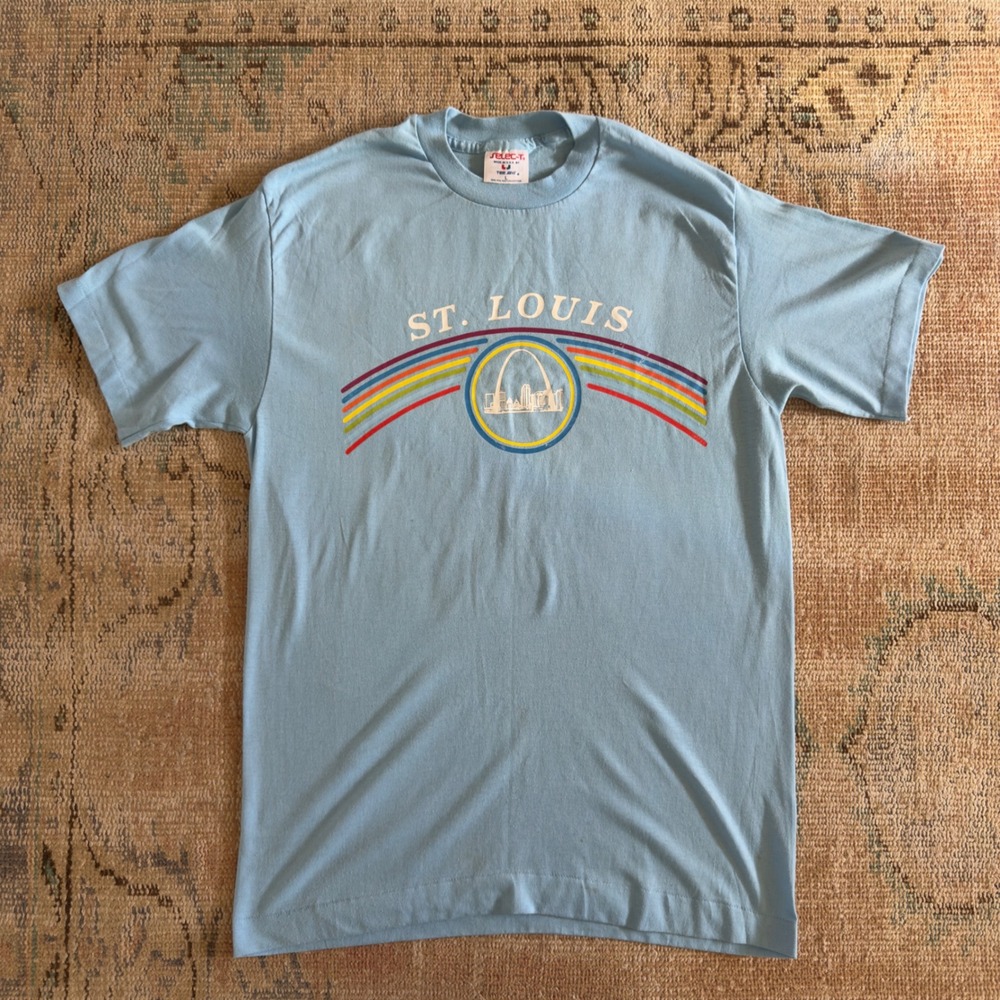 Vintage St Louis Gateway Arch Rainbow T Shirt Blue 80s Single Stitch Tee Jays L